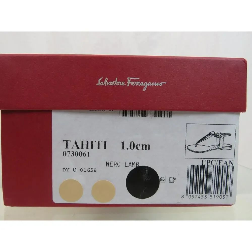 NIB FERRAGAMO TAHITI BLACK LEATHER BUCKLE T VARA CHAIN STRAP THONG SANDALS 9.5 C